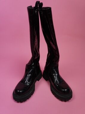 Black Croc-Embossed Knee-High Lug Sole Boots